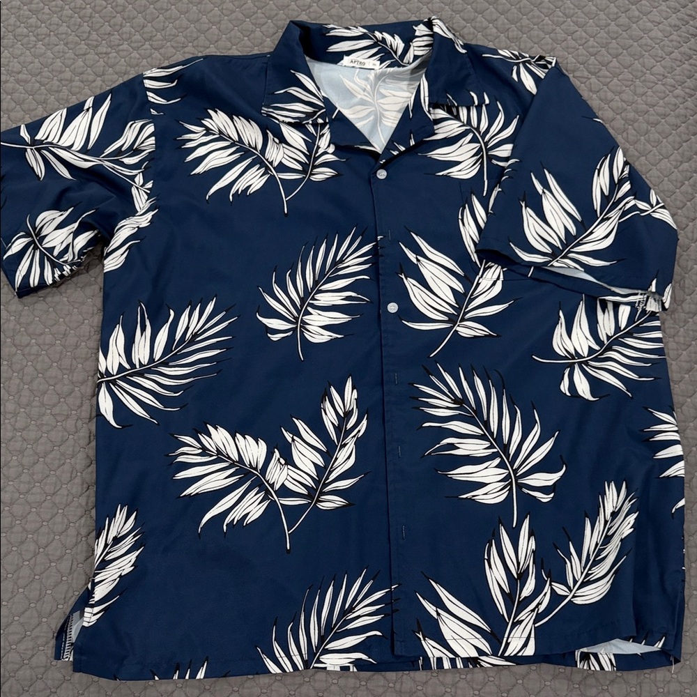 Navy Blue Leaf Print Shirt